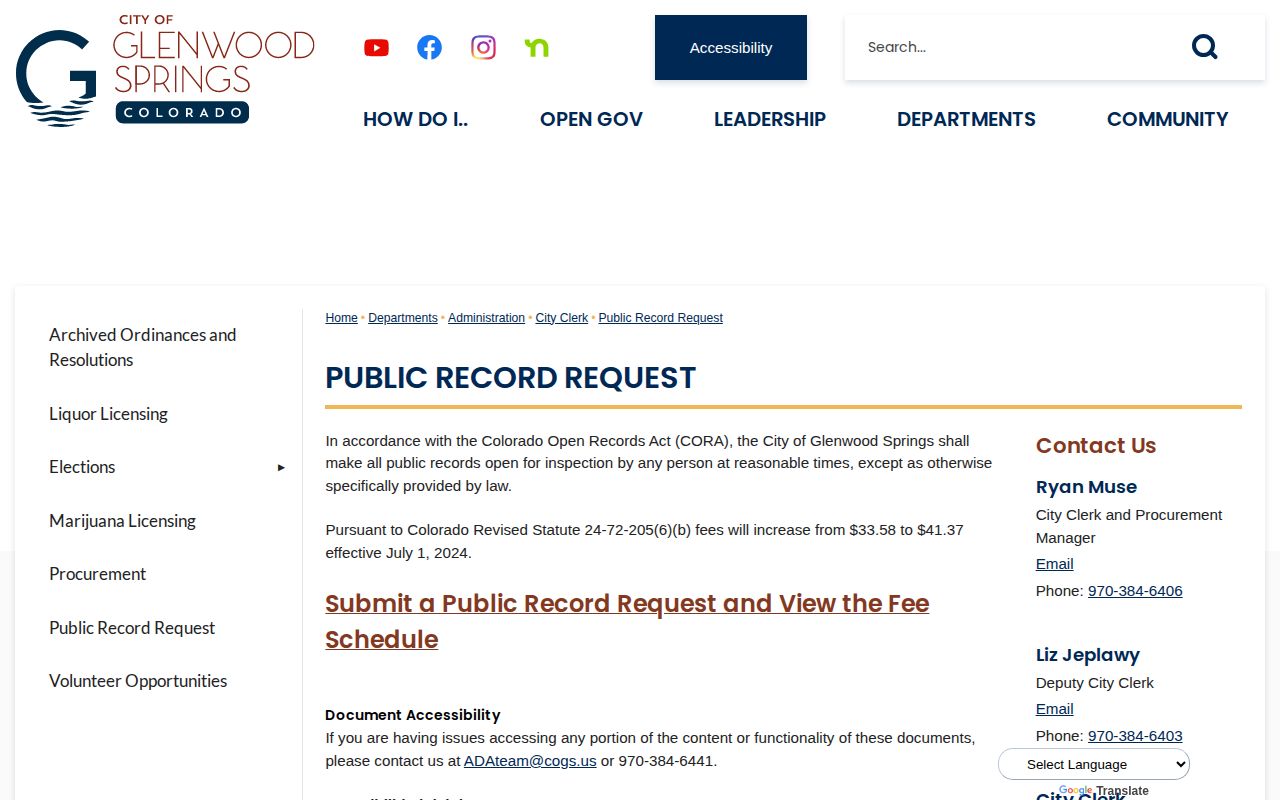 Glenwood Springs public record request interface for city police arrest records