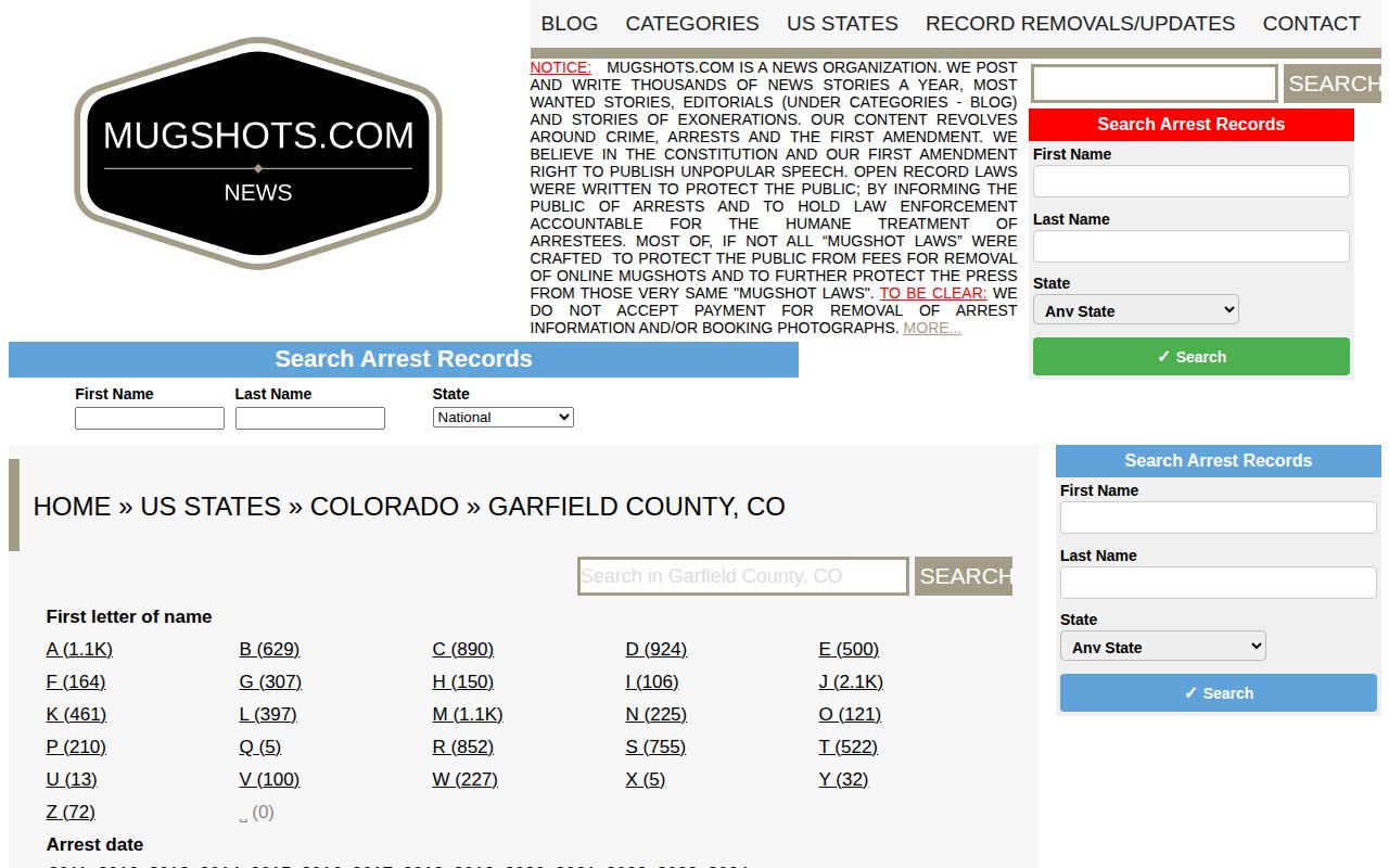 Unofficial Garfield County mugshot archive interface
