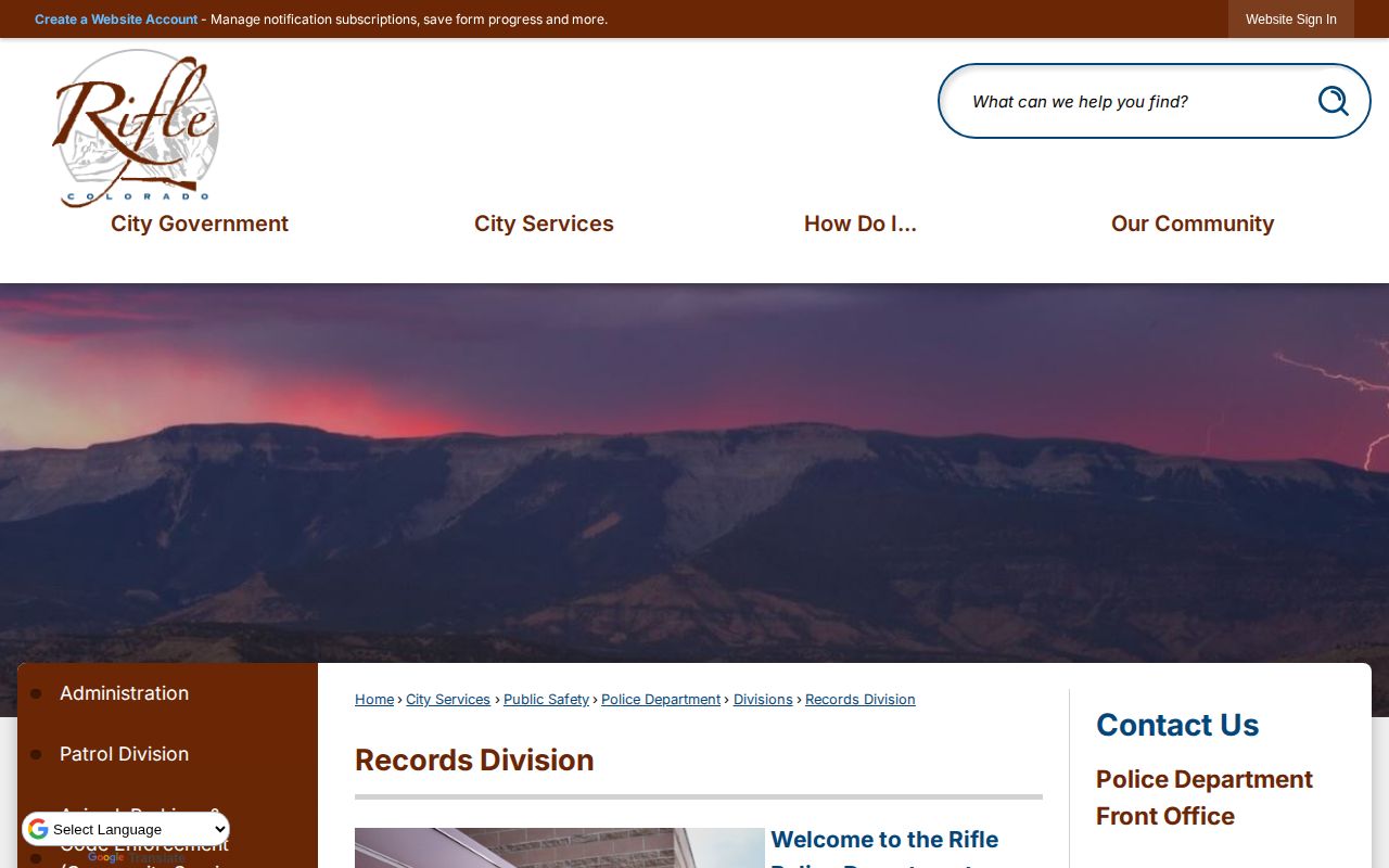 Rifle Police Records Division request information for Garfield County arrest records